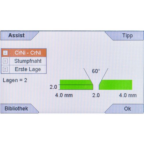  Assist - Helfer in der Not    Neue und nur bei REHM Geräten verfügbare Möglichkeit ein WIG-Schweißgerät einzustellen   Die Einstellung erfolgt über die Auswahl von Grundwerkstoff, Nahtform und Materialstärke  