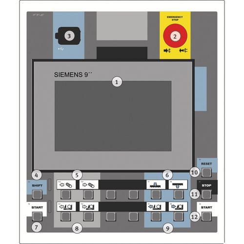   Bedienung auf modernem und leistungsstarkem Siemens HMI Multitouch-Panel   Not-Aus-Schalter - unterbricht die Stromversorgung und alle Bewegungen der Maschine.   USB-Schnittstelle   Durch Drücken der SHIFT-Taste zusammen mit der Taste Sägearm senken wird der Rahmen/Zubringer Eilgang aktiviert   Vorschub-Steuerung   Steuerung Sägearm abwärts/aufwärts Bewegung   Zum Starten des Schnitts im halbautomatischen Modus - zur Sicherheit müssen beide Start-Taster gleichzeitig betätigt werden   Steuerung 1. Spannstock   Steuerung 2. Spannstock   Zurücksetzen der Fehlermeldung nach Beseitigung der Ursache der Fehlermeldung   Unterbricht den Schnitt in jeder Position - nach Drücken der Start-Taster wird der Zyklus ­fortgesetzt   Zum Starten des Schnitts im halbautomatischen Modus - zur Sicherheit müssen beide Start-Taster gleichzeitig betätigt werden   