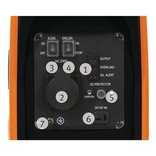 KontrollleuchtenSchuko Steckdose 230V mit SchutzschalterEco-Modus Ein/AusMotor Ein/AusSchutzschalterDC 12V Steckdose; 4,0 AErdung